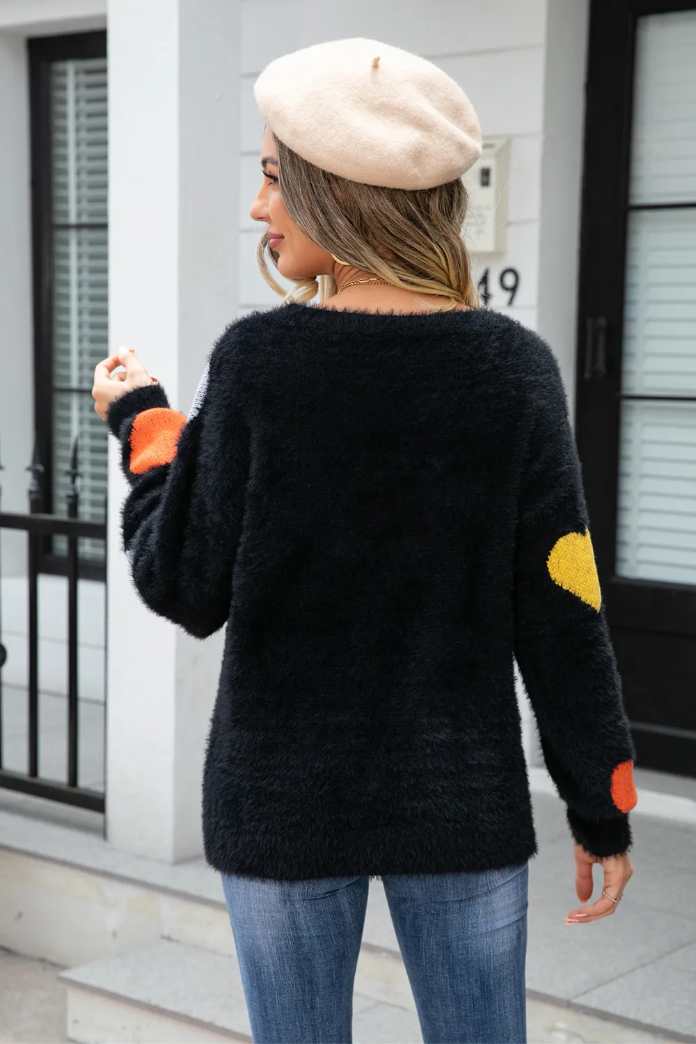 Heart Pattern Round Neck Long Sleeve Sweater, image 6
