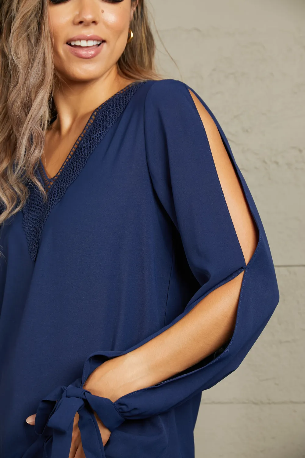V-Neck Tie Cuff Slit Blouse, image 5