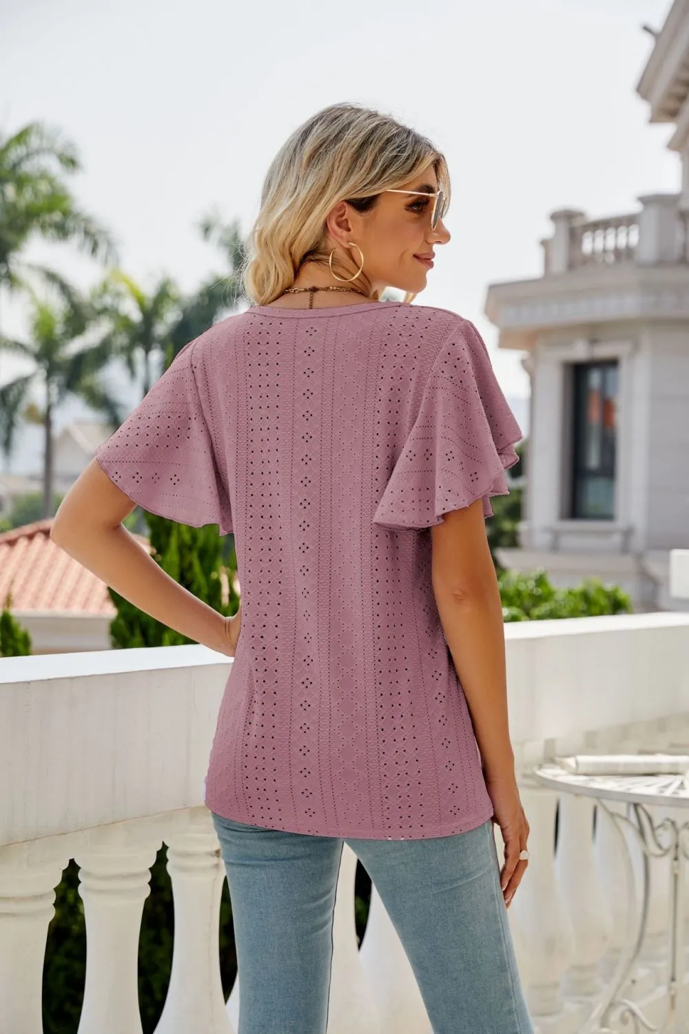 Eyelet Flutter Sleeve Round Neck Top, image 24