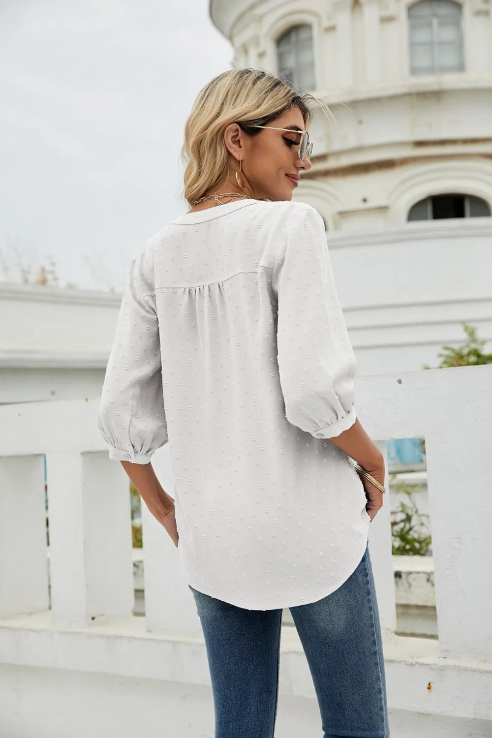 Swiss Dot Notched Neck Three-Quarter Sleeve Blouse, image 32