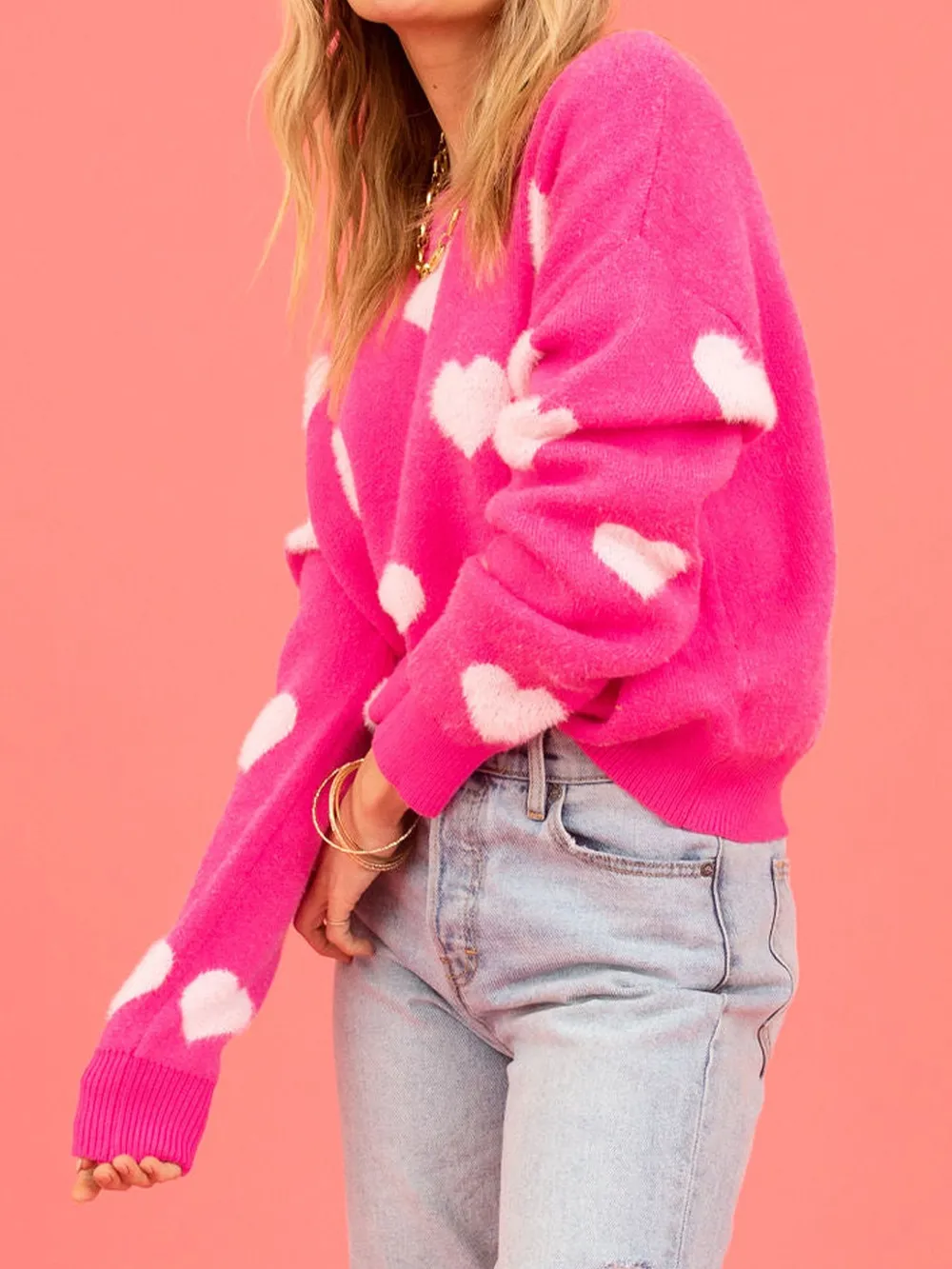 Heart Round Neck Drop Shoulder Sweater, image 4