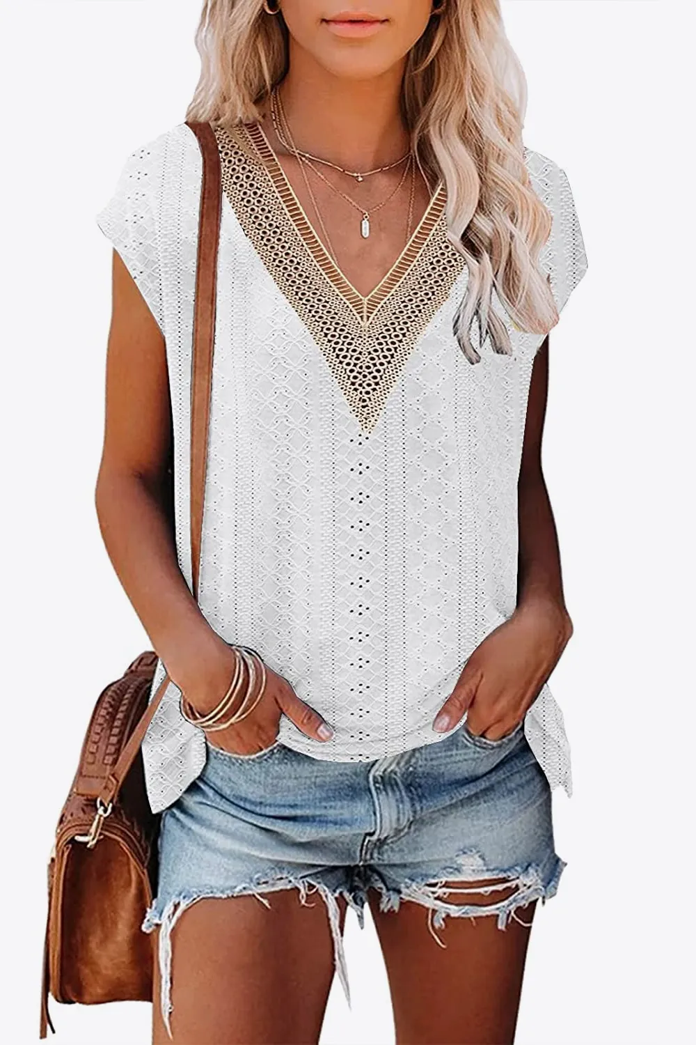 Eyelet Contrast V-Neck Tee, image 11