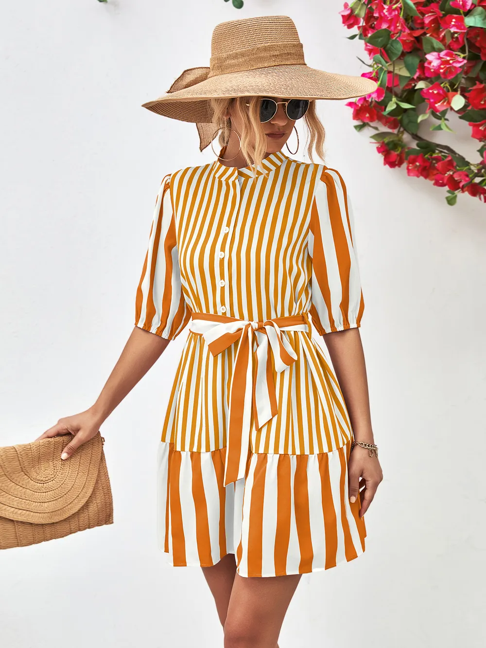 Striped Half Sleeve Tie Waist Mini Dress, image 5