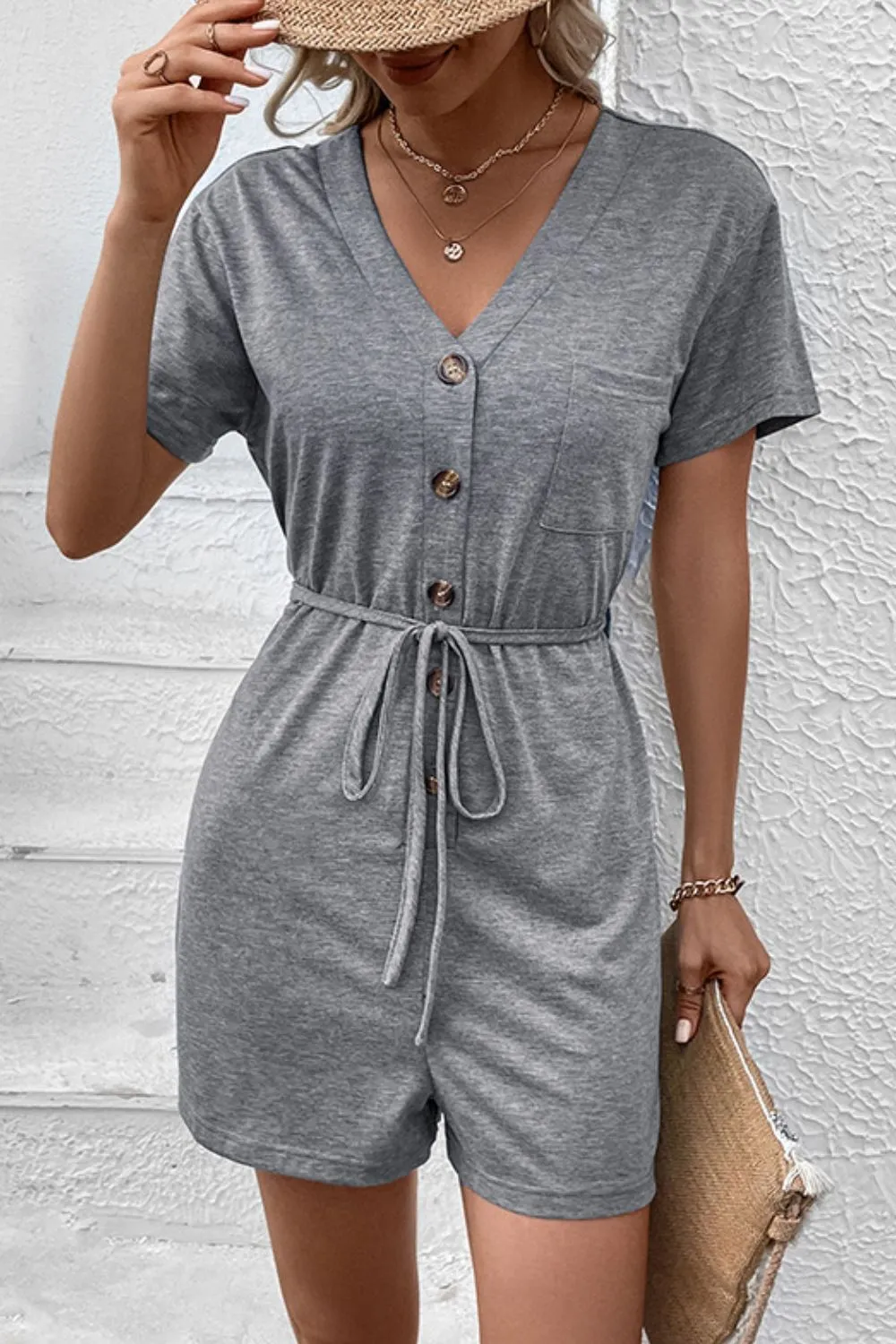 V-Neck Short Sleeve Tied Romper, image 2