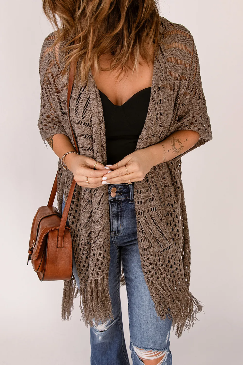 Fringe Hem Slit Open Front Cardigan, image 3