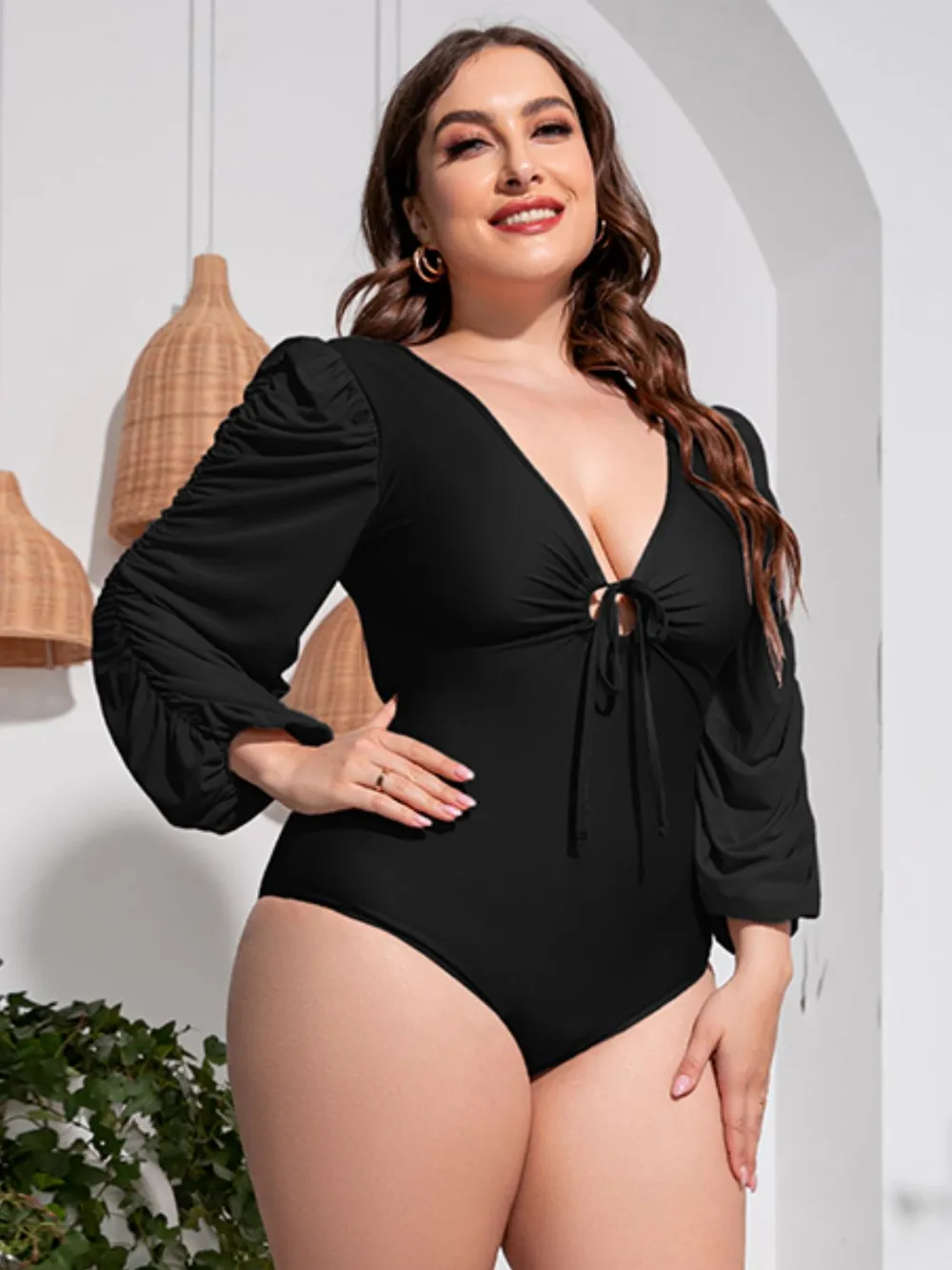 Plus Size Tied Deep V Balloon Sleeve One-Piece Swimsuit, image 2