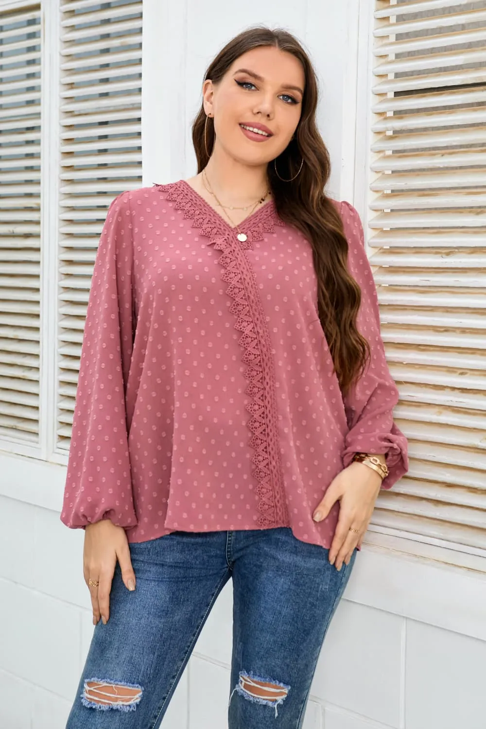 Melo Apparel Plus Size Lace Trim V-Neck Balloon Sleeve Blouse, image 2