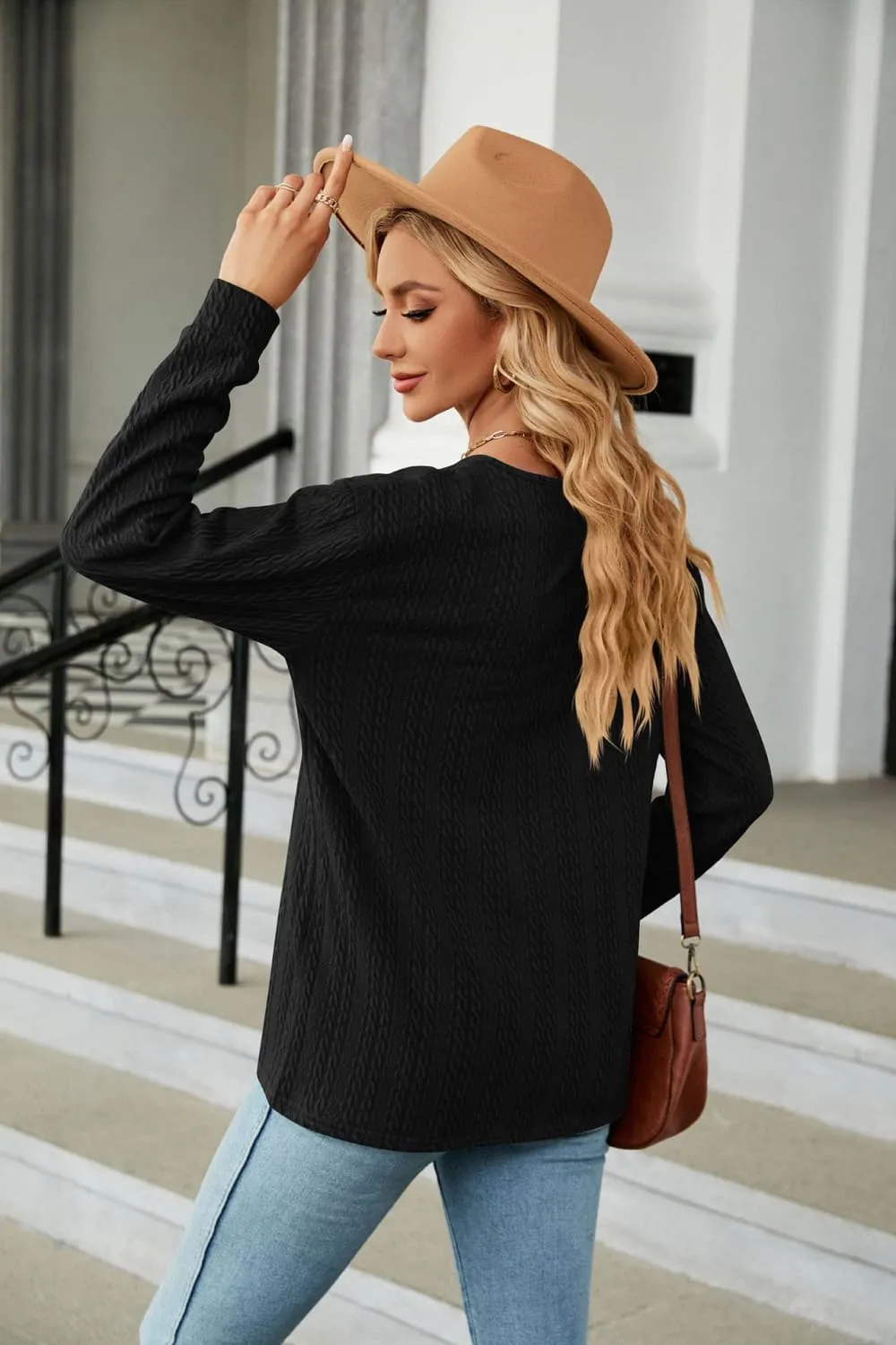 Decorative Button V-Neck Long Sleeve T-Shirt, image 27