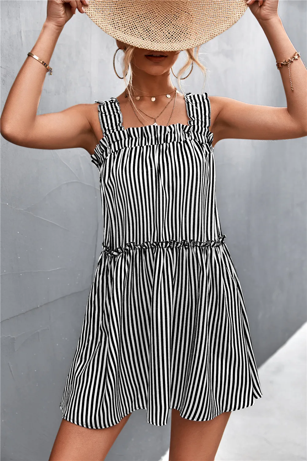 Striped Frill Trim Square Neck Dress, image 3