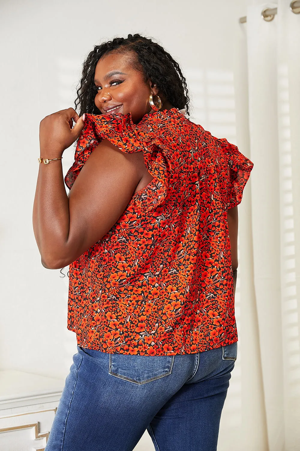 Floral Flutter Sleeve Notched Neck Blouse, image 8