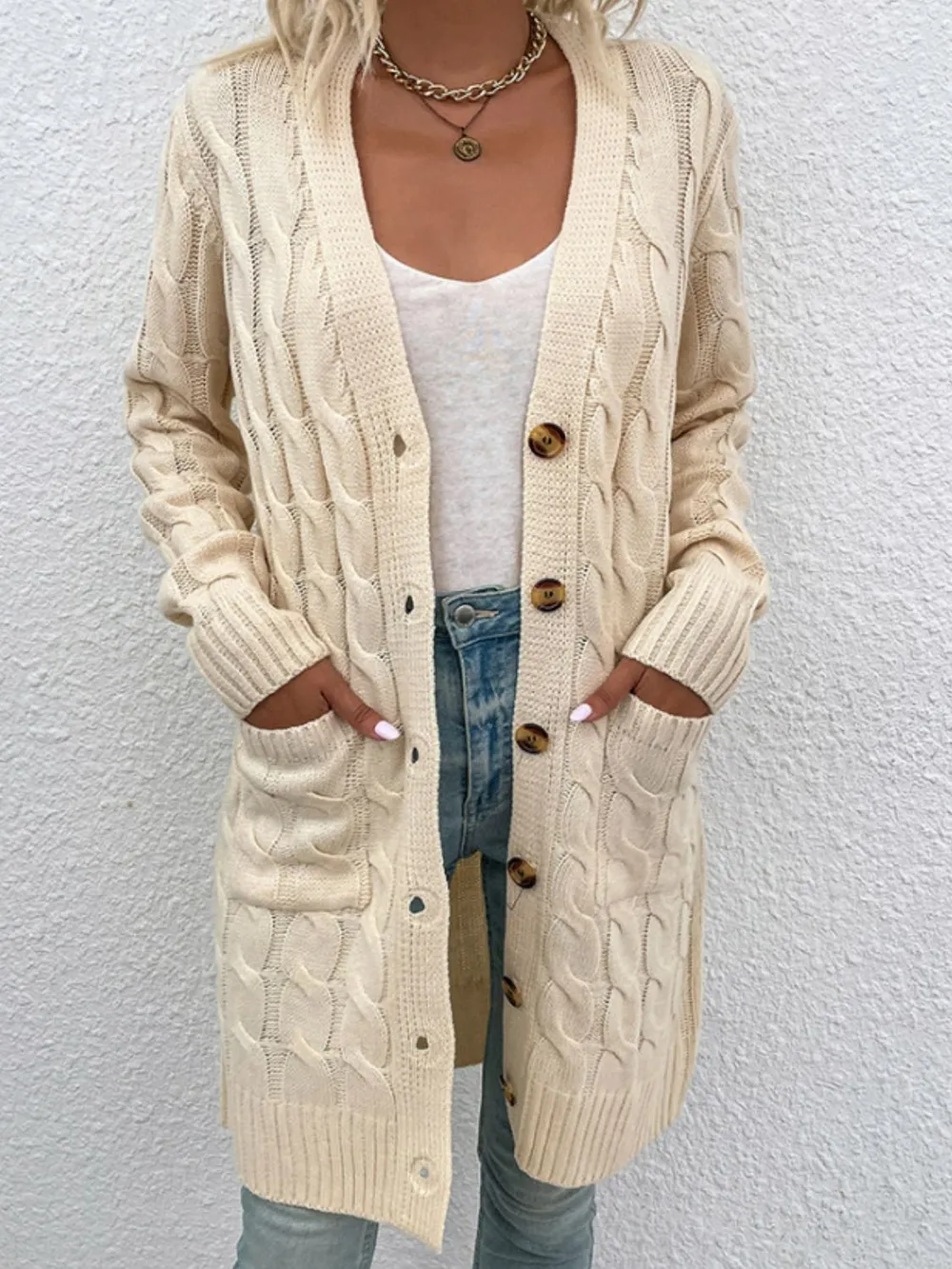 Cable-Knit Button Down Cardigan with Pockets, image 8