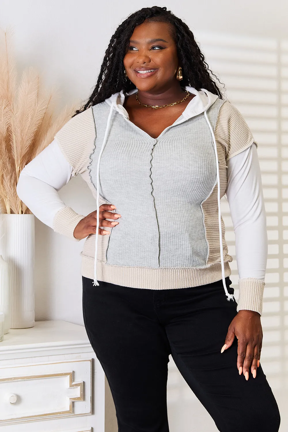 Color Block Exposed Seam Drawstring Hoodie, image 2