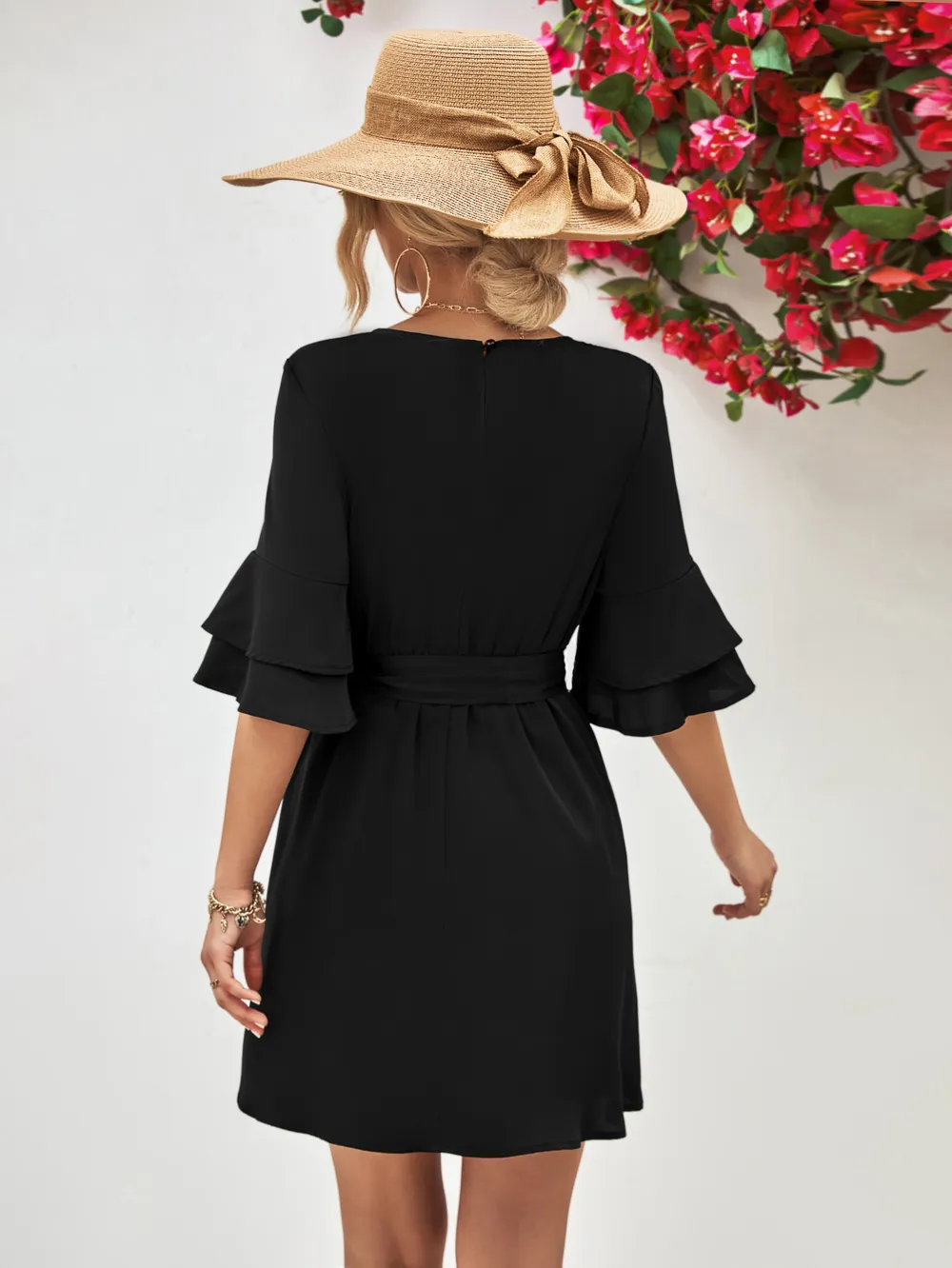 Round Neck Tie Belt Flounce Sleeve Dress, image 3