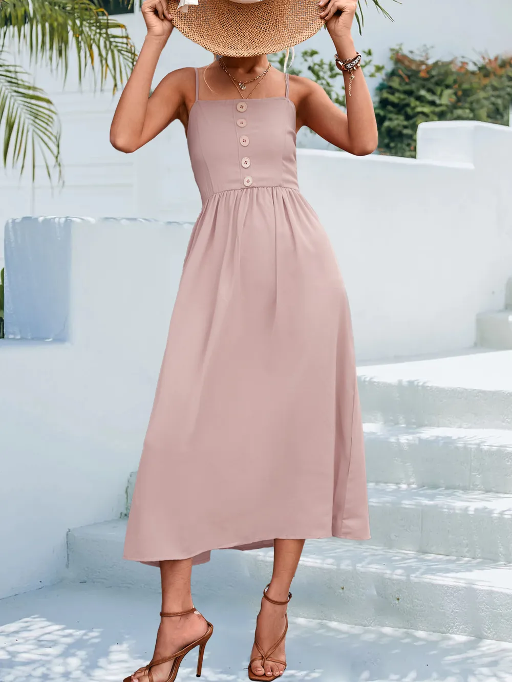 Decorative Button Spaghetti Strap Midi Dress, image 8