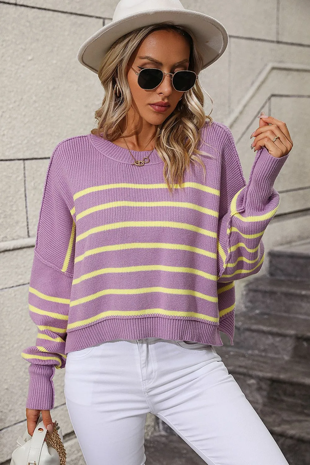 Striped Dropped Shoulder Round Neck Pullover Sweater, image 16
