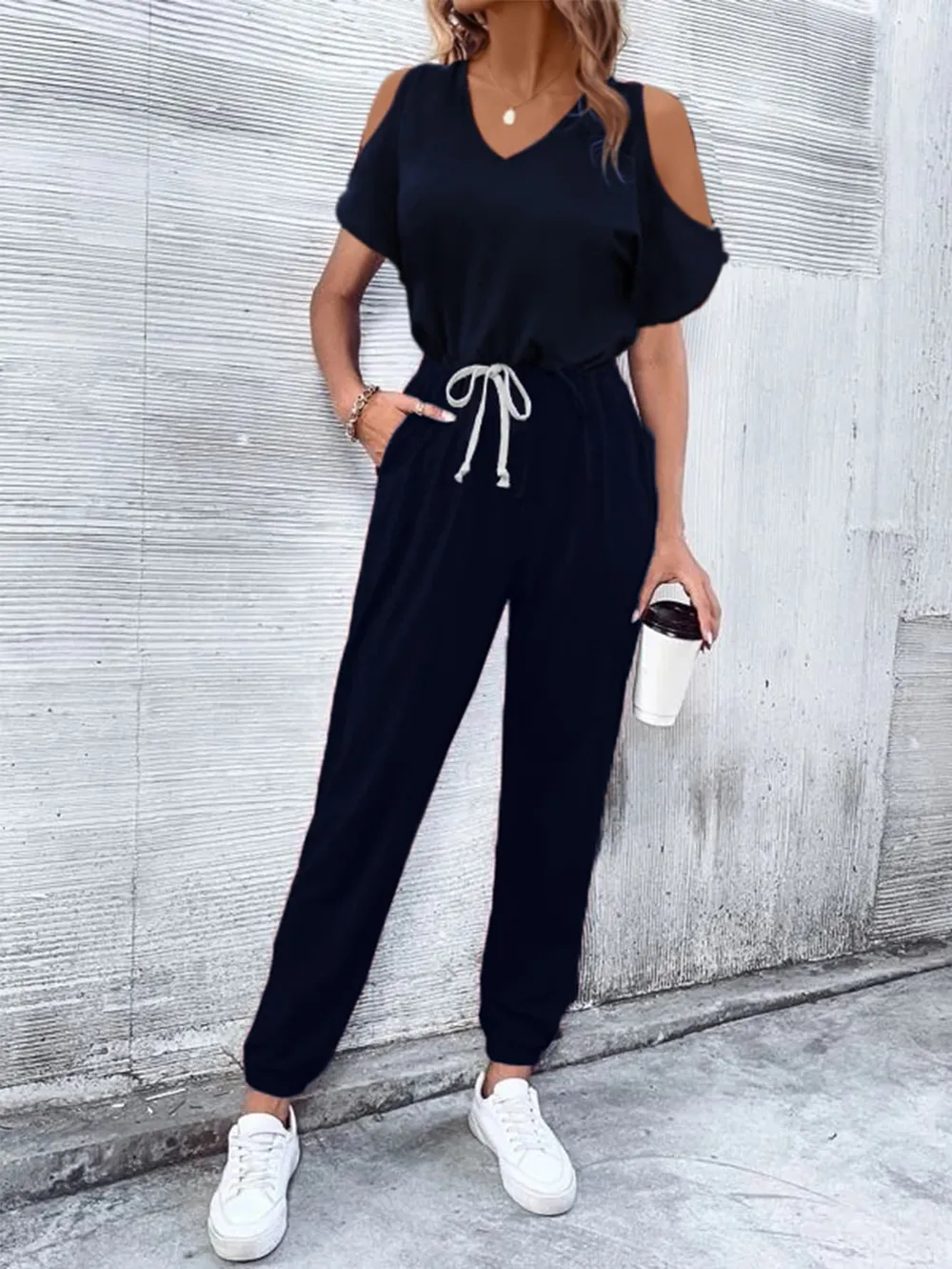 V-Neck Cold-Shoulder Jumpsuit with Pockets, image 4