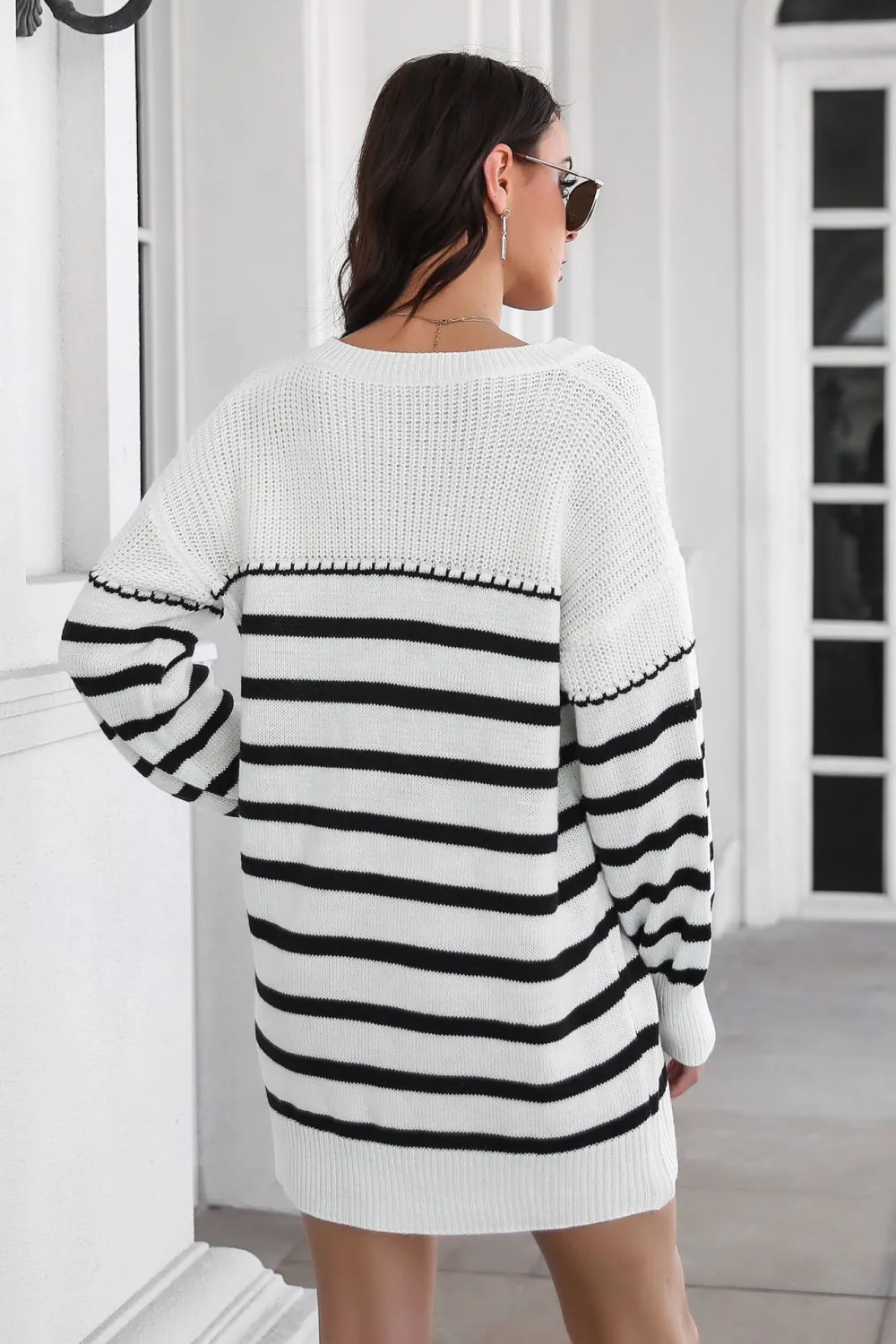 Striped V-Neck Drop Shulder Sweater Dress, image 3