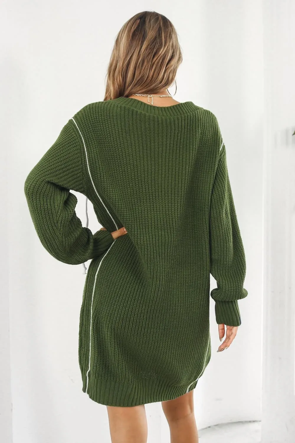 Contrast V-Neck Sweater Dress, image 2