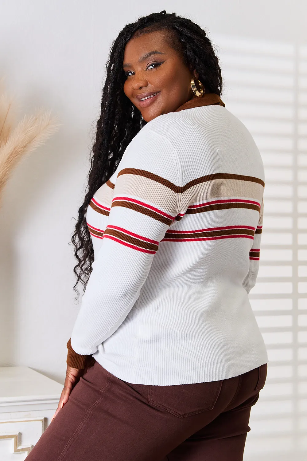 Striped Collared Neck Rib-Knit Top, image 3