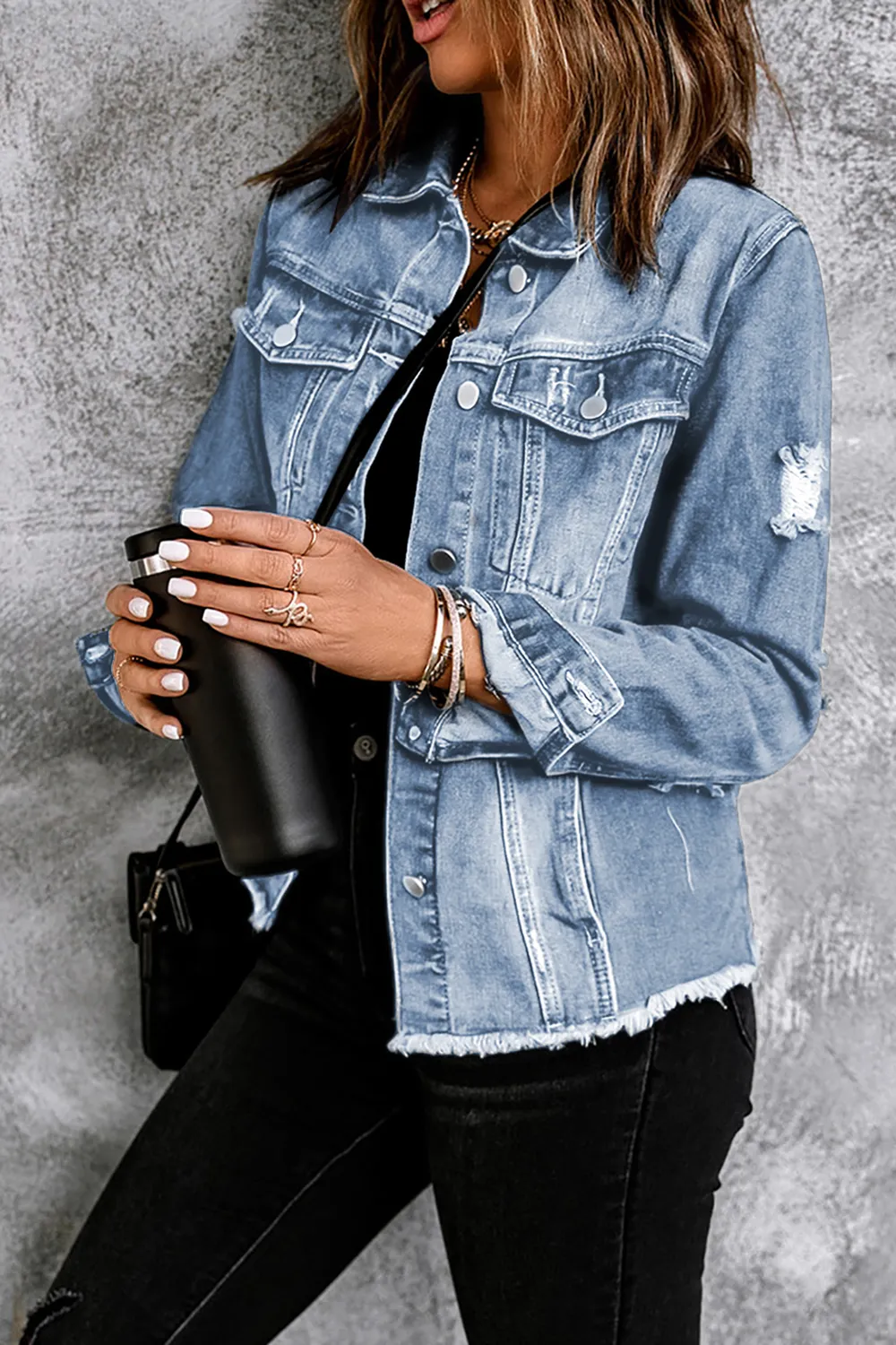 Distressed Raw Hem Buttons Denim Jacket, image 2