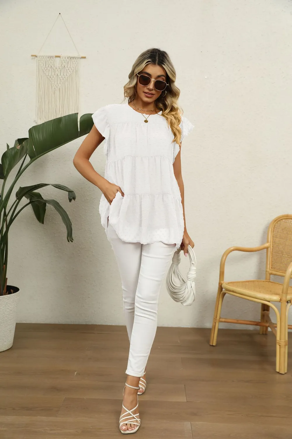 Swiss Dot Round Neck Tiered Blouse, image 9