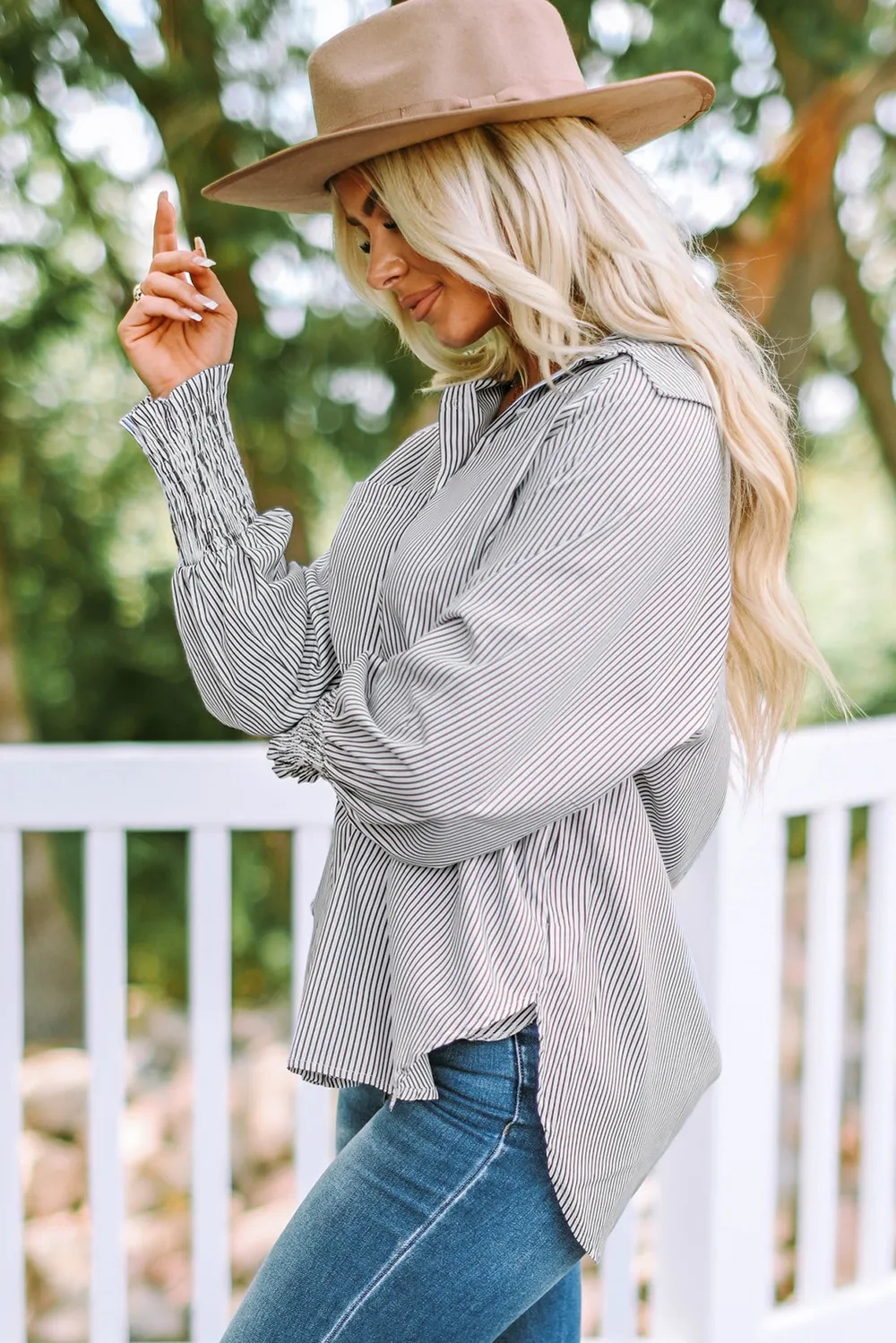 Striped Lantern Sleeve Collared Shirt, image 8