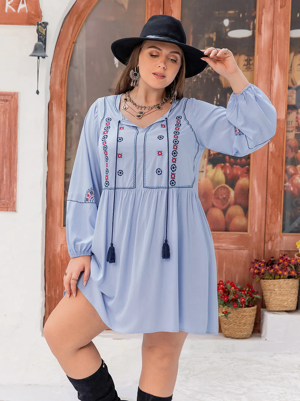 Plus Size Tie Neck Tassel Detail Long Sleeve Mini Dress, image 2