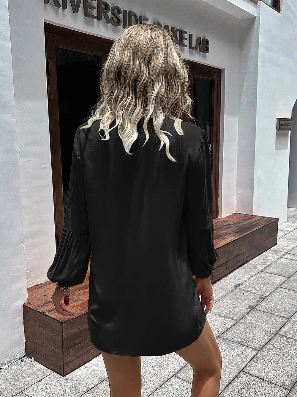 Notched Neck Balloon Sleeve Shirt, image 10