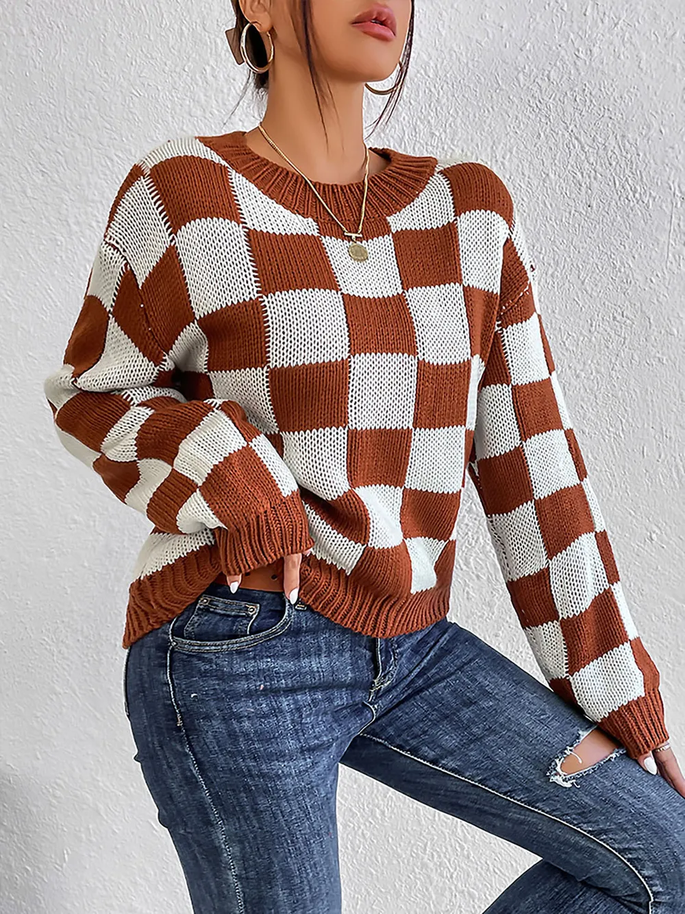 Checkered Round Neck Sweater, image 3