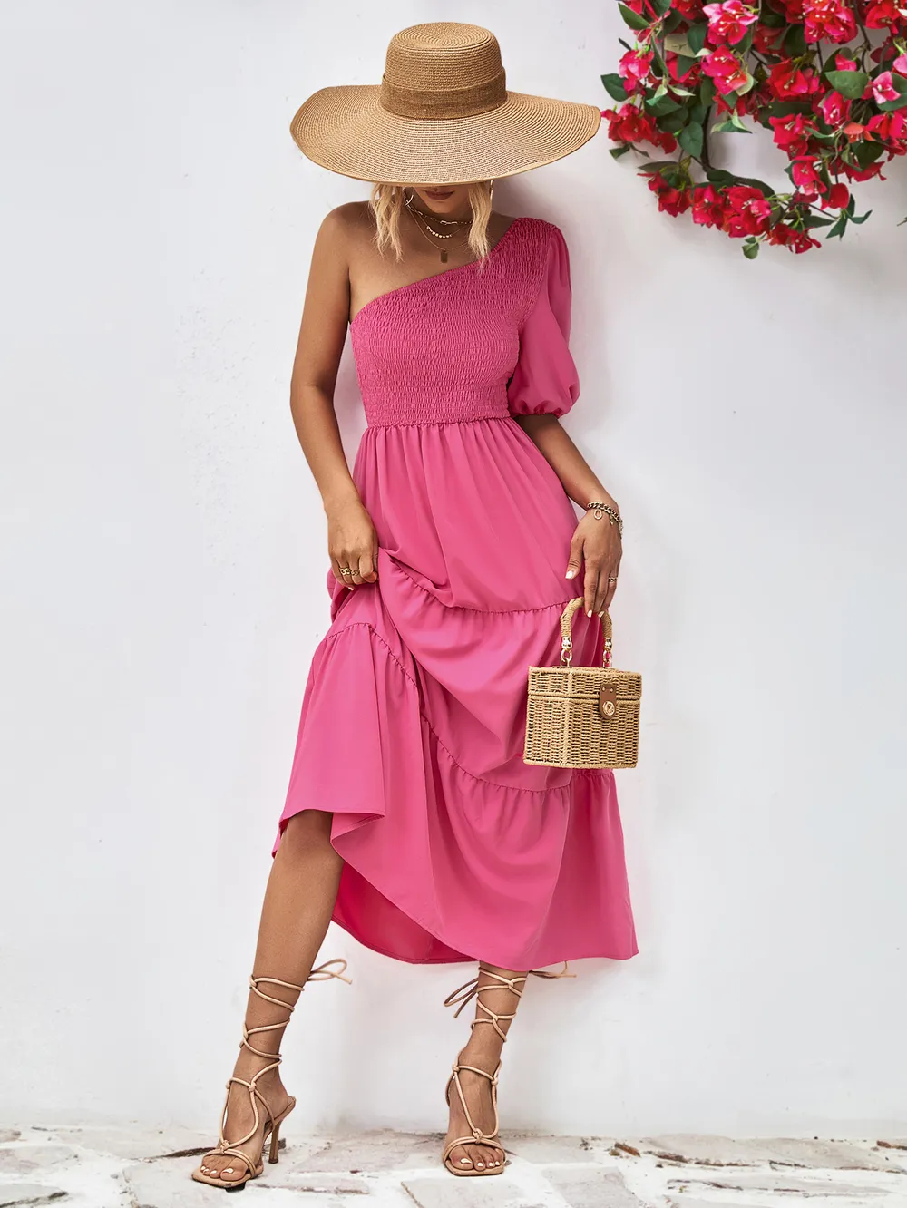 Smocked One-Shoulder Midi Dress, image 5