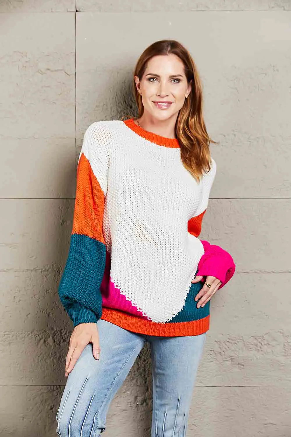 Color Block Round Neck Drop Shoulder Sweater, image 2