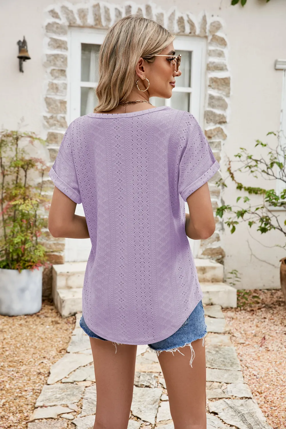Full Size Round Neck Eyelet Short Sleeve Top, image 27