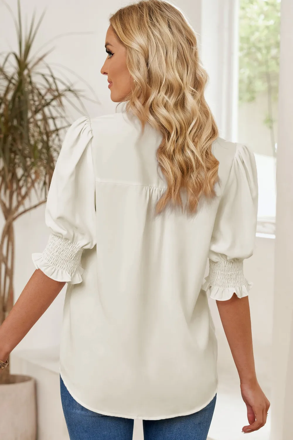 Smocked Flounce Sleeve Notched Neck Blouse, image 8
