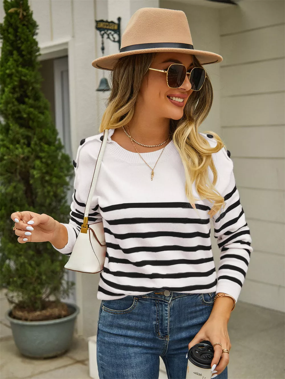 Round Neck Shoulder Button Striped Pullover Sweater, image 3