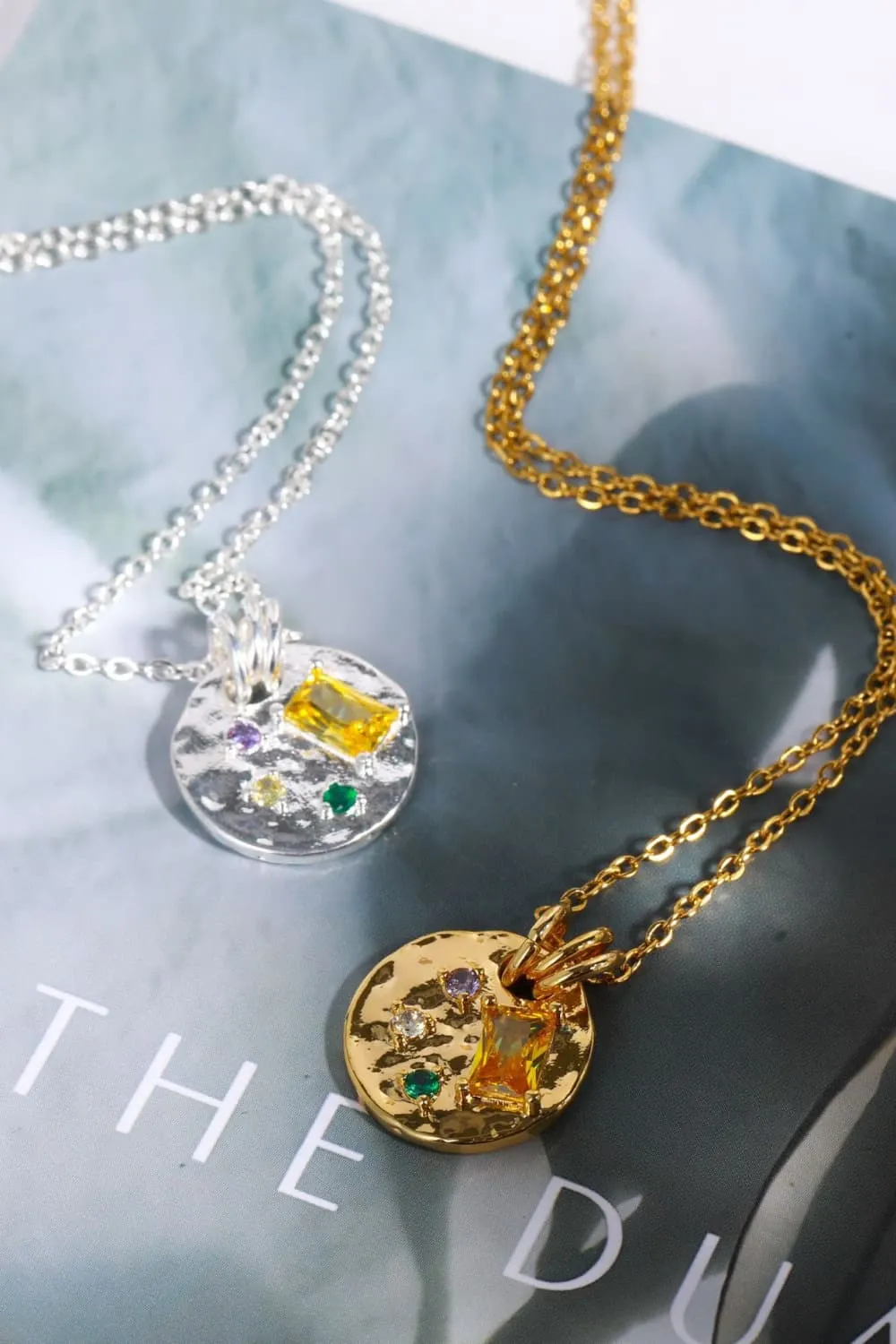 Inlaid Multicolored Zircon Round Pendant Copper Necklace, image 7