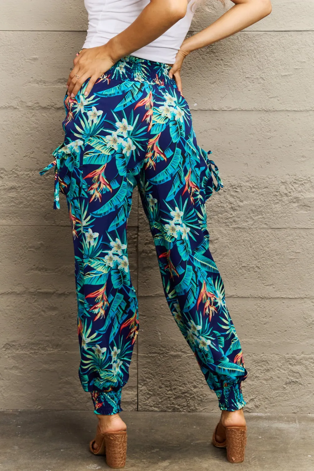 Smocked Plant Print Long Pants, image 2