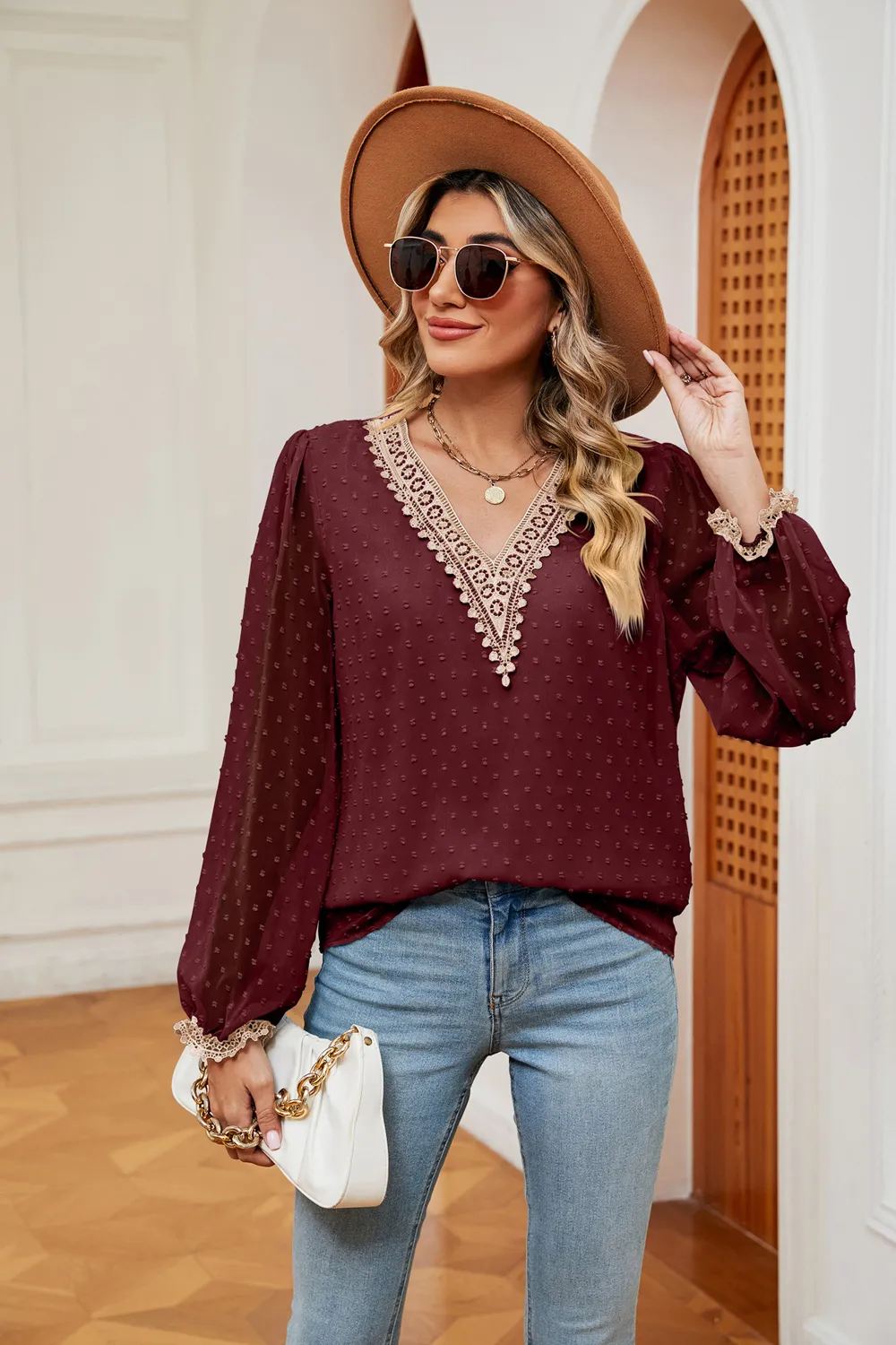 Swiss Dot Contrast V-Neck Blouse, image 5