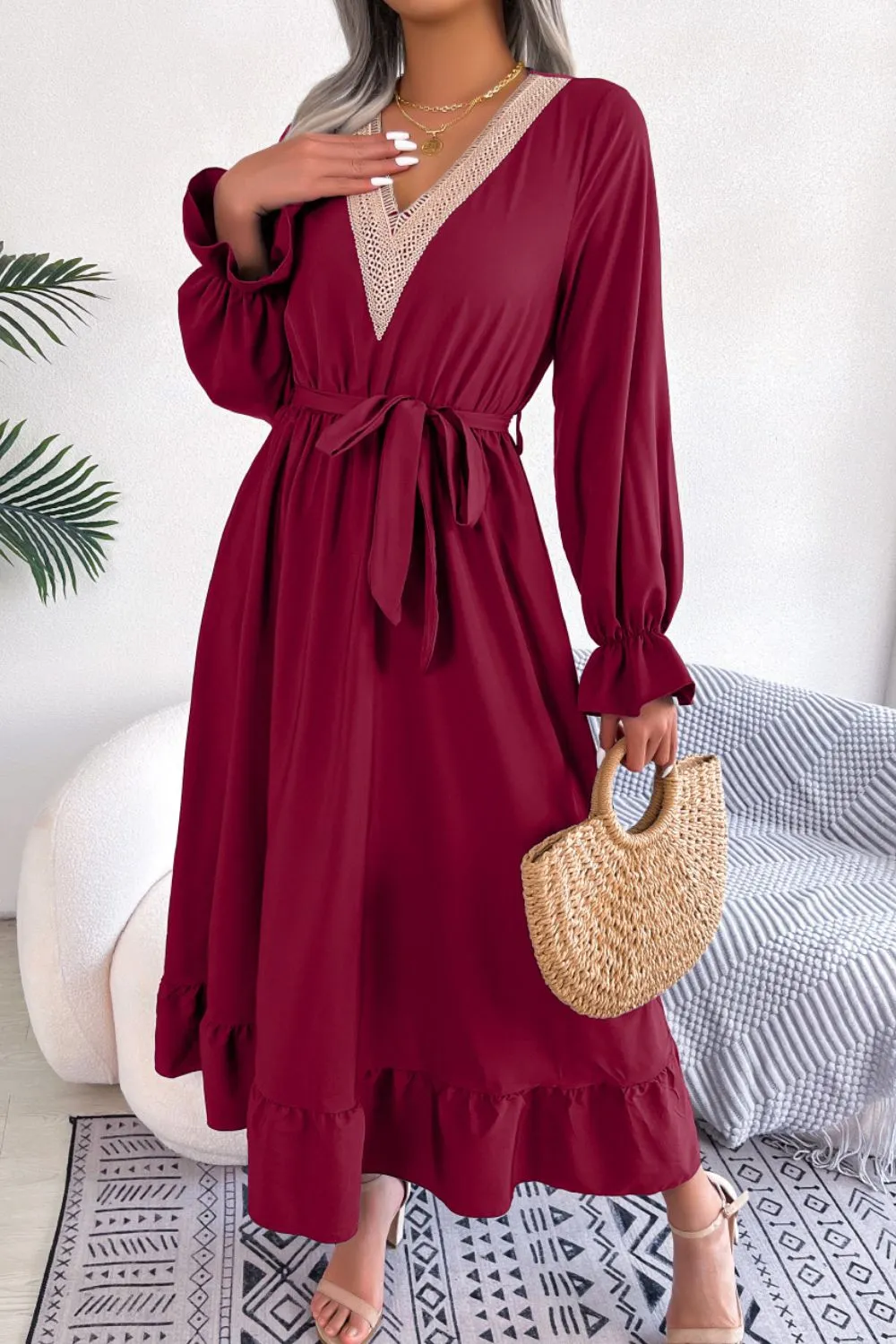 Contrast Belted Flounce Sleeve Dress, image 4