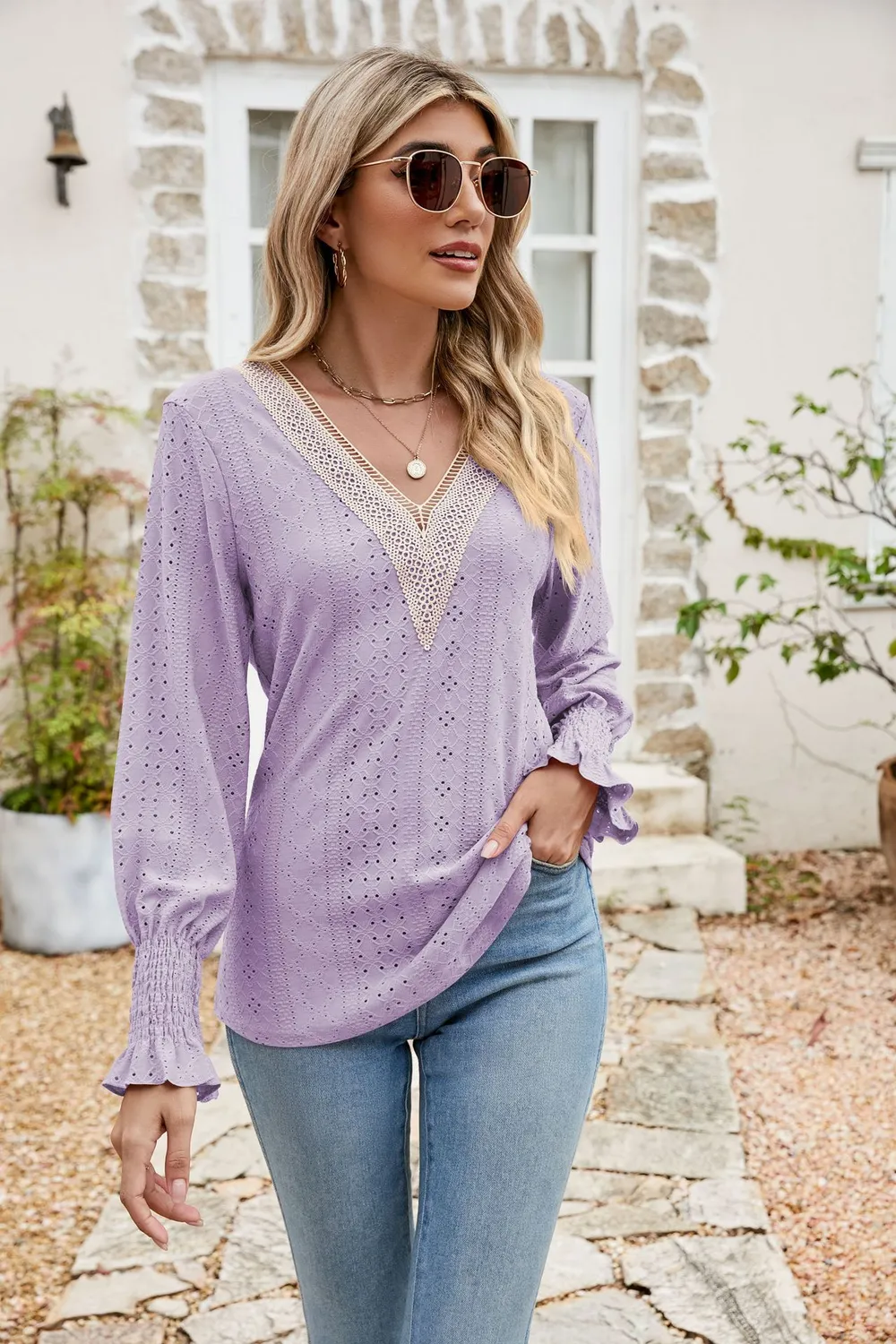 Eyelet V-Neck Smocked Flounce Sleeve Blouse, image 7