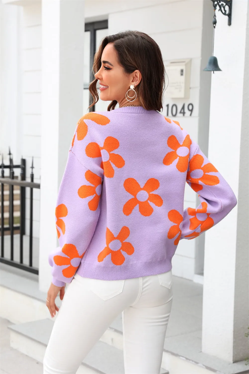 Floral Print Round Neck Dropped Shoulder Pullover Sweater, image 3