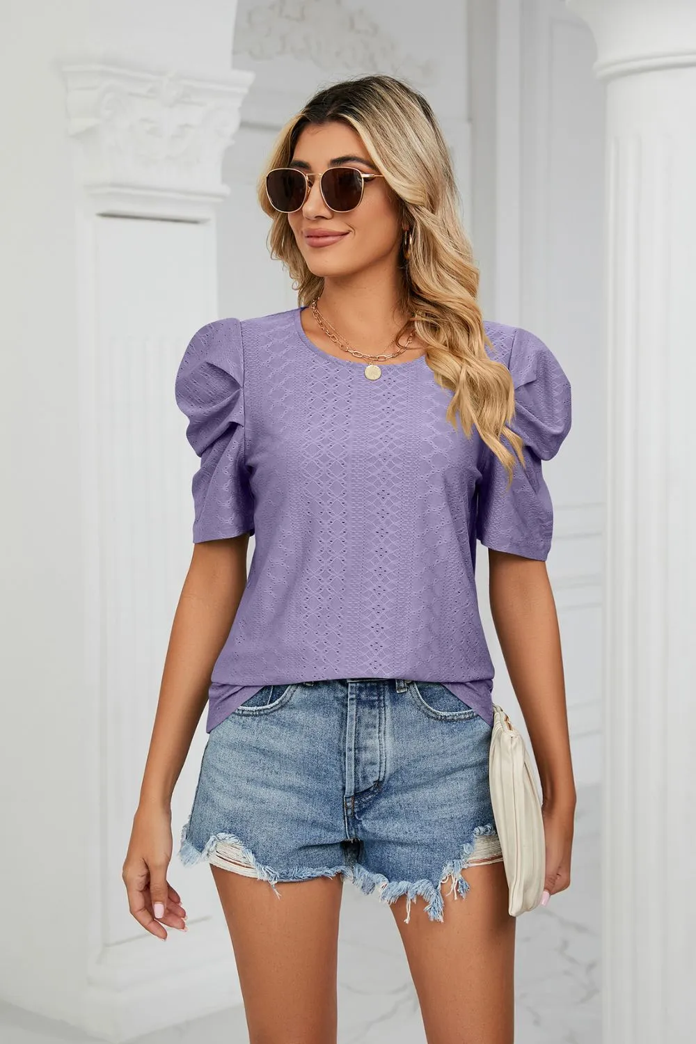 Eyelet Puff Sleeve Round Neck Blouse, image 7