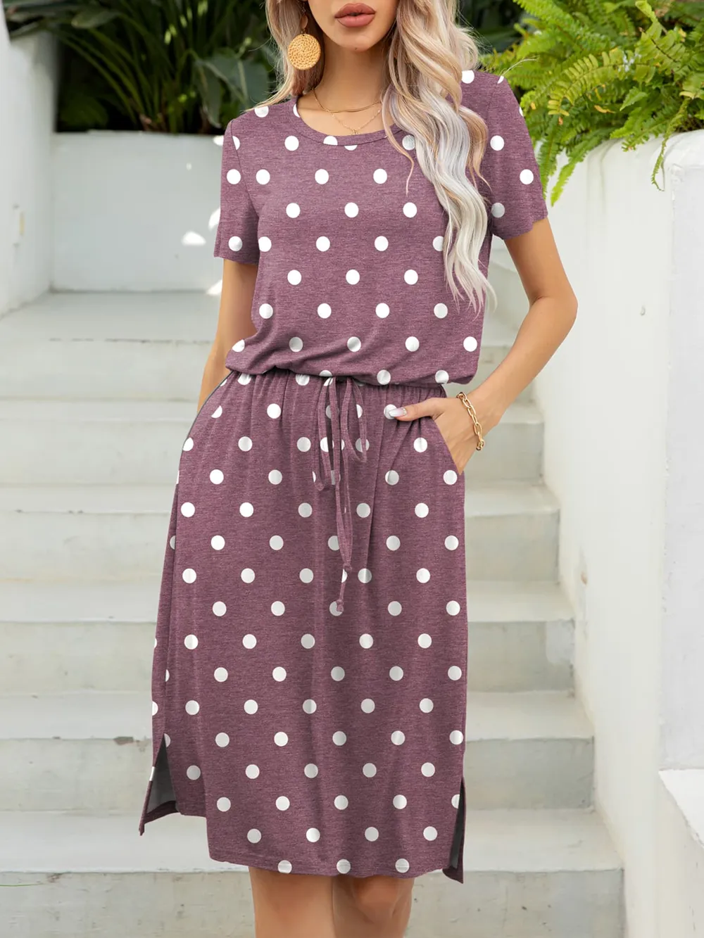 Round Neck Short Sleeve Slit Dress with Pockets, image 5