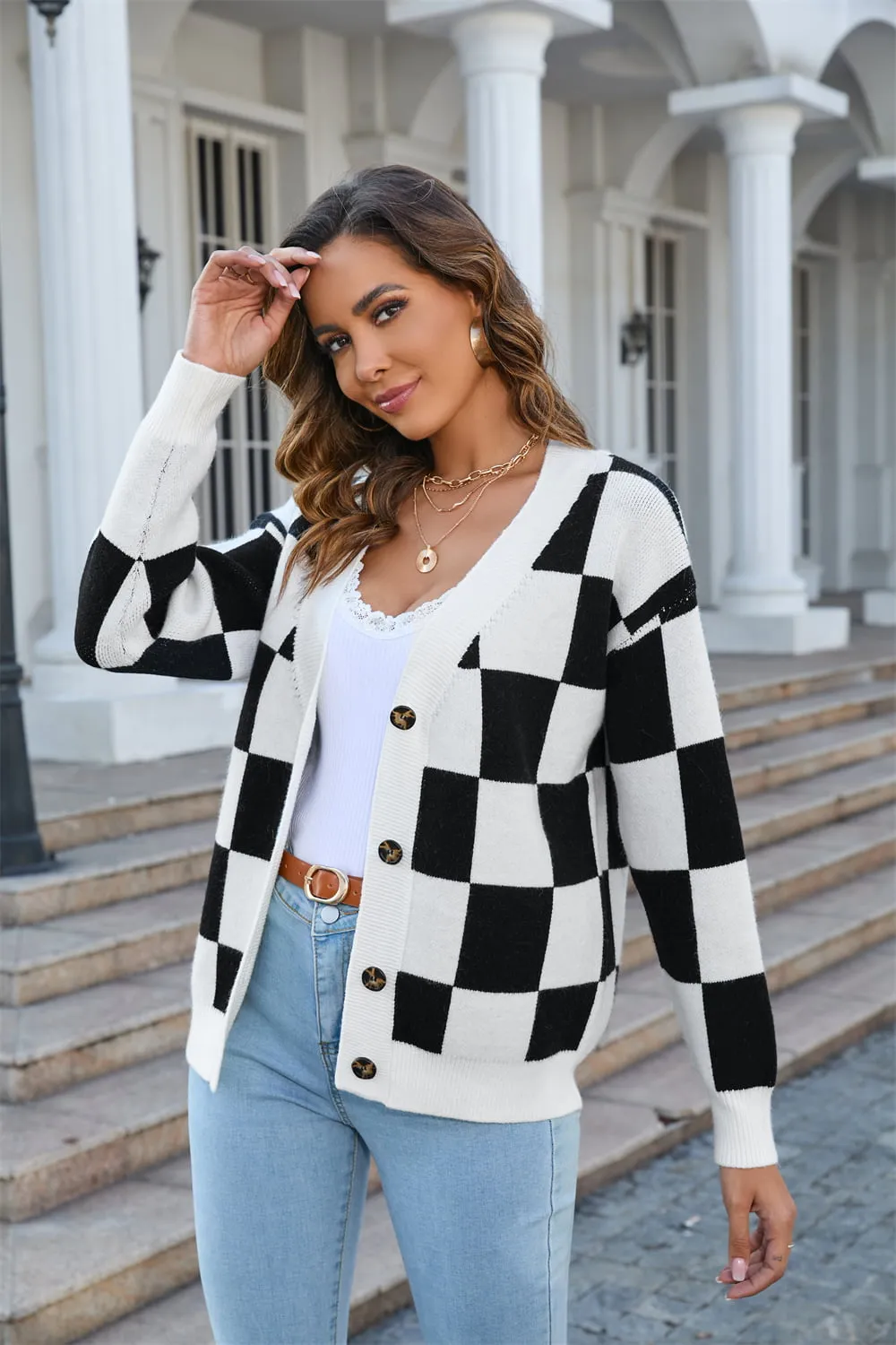 Button-Up V-Neck Dropped Shoulder Cardigan, image 6