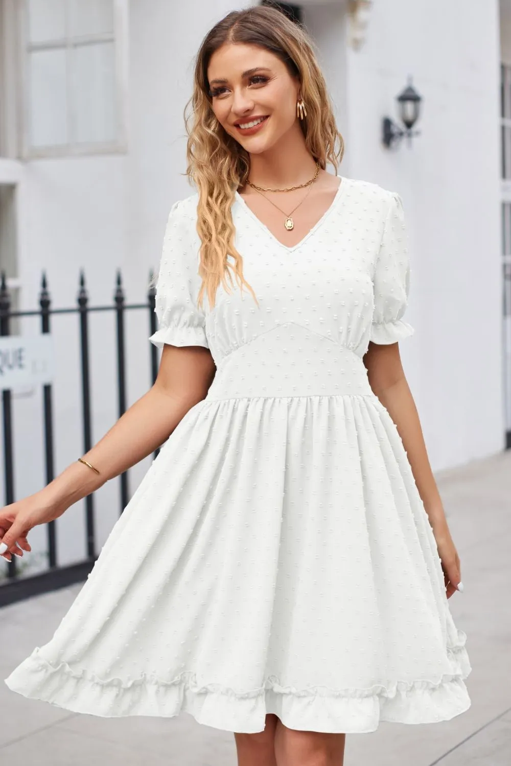 Swiss Dot Frill Trim Flounce Sleeve V-Neck Dress, image 5