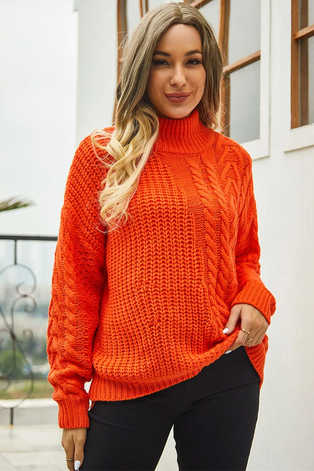 Cable-Knit Turtle Neck Long Sleeve Sweater, image 2
