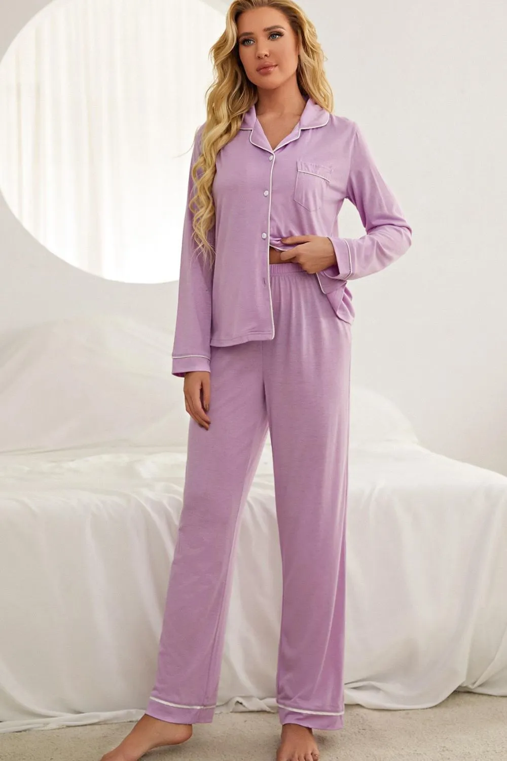 Contrast Piping Button Down Top and Pants Loungewear Set, image 2