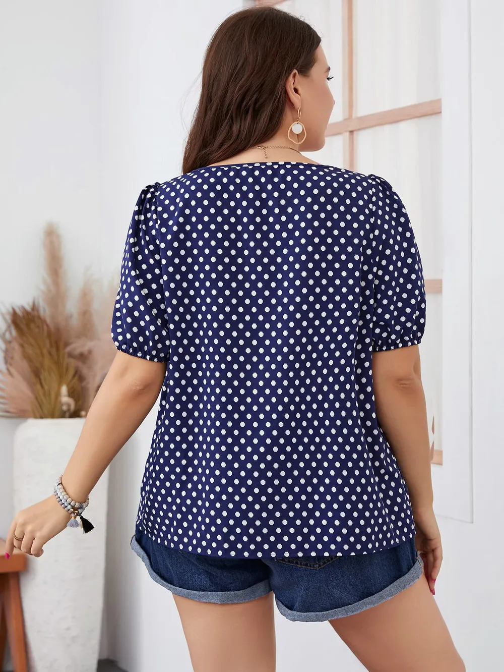 Plus Size Polka Dot Square Neck Blouse, image 2