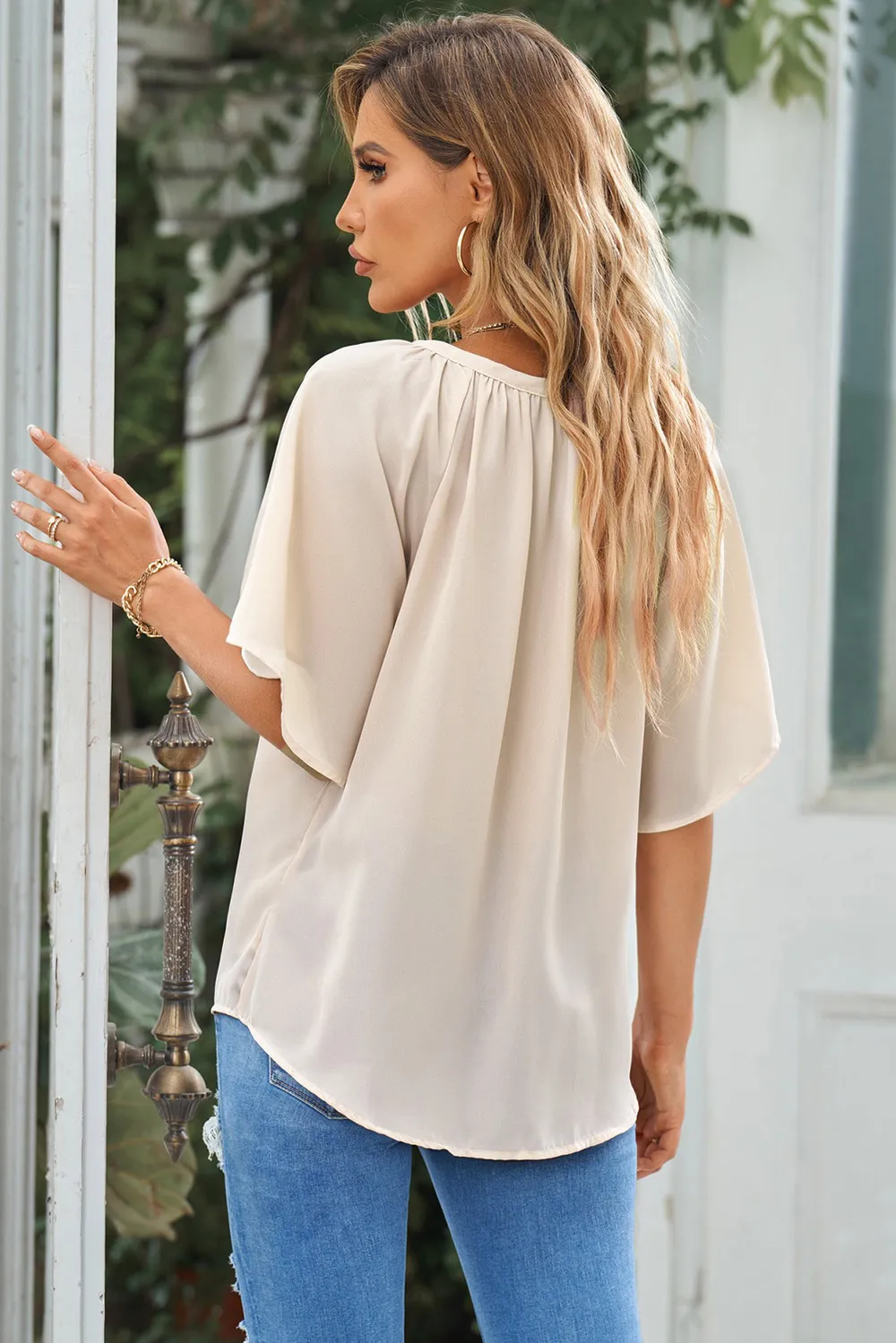 Gathered Detail Notched Neck Flutter Sleeve Top, image 8