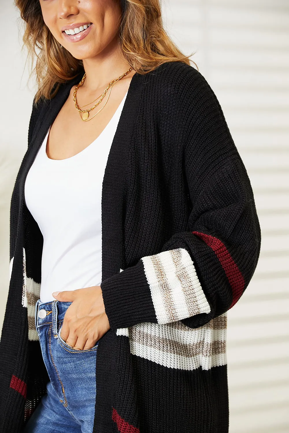 Striped Rib-Knit Drop Shoulder Open Front Cardigan, image 2