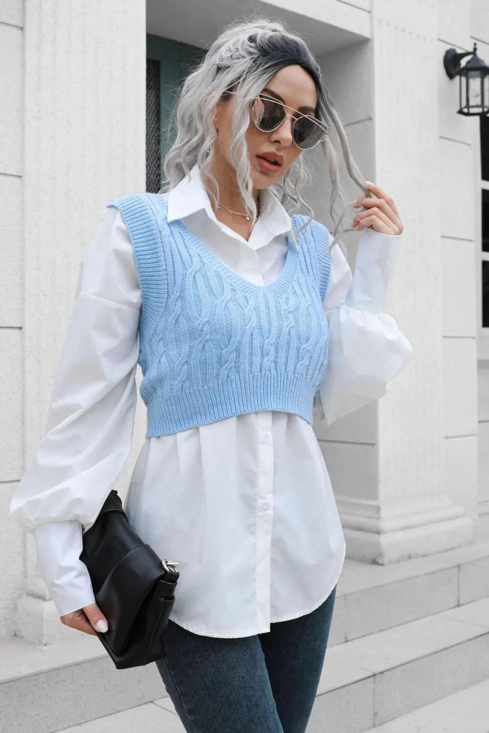 Cable-Knit Deep V Cropped Knit Vest, image 4